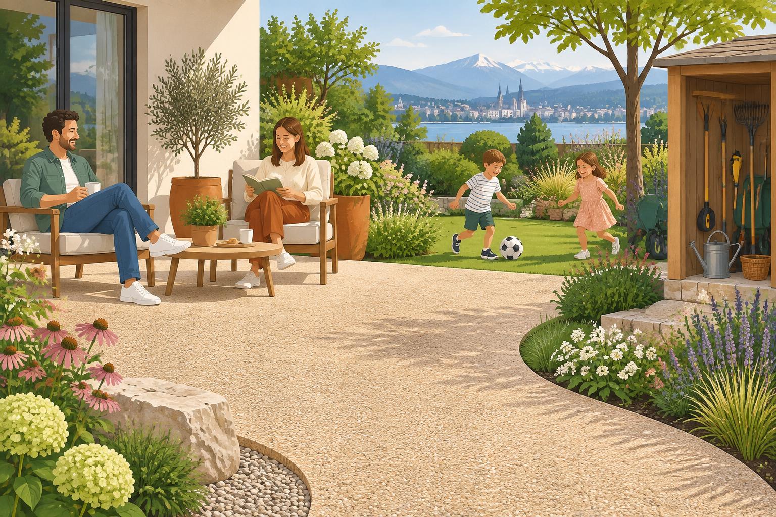 Illustration einer Familie, die ihren Garten auf einem fugenfreien Natursteinplatz geniesst