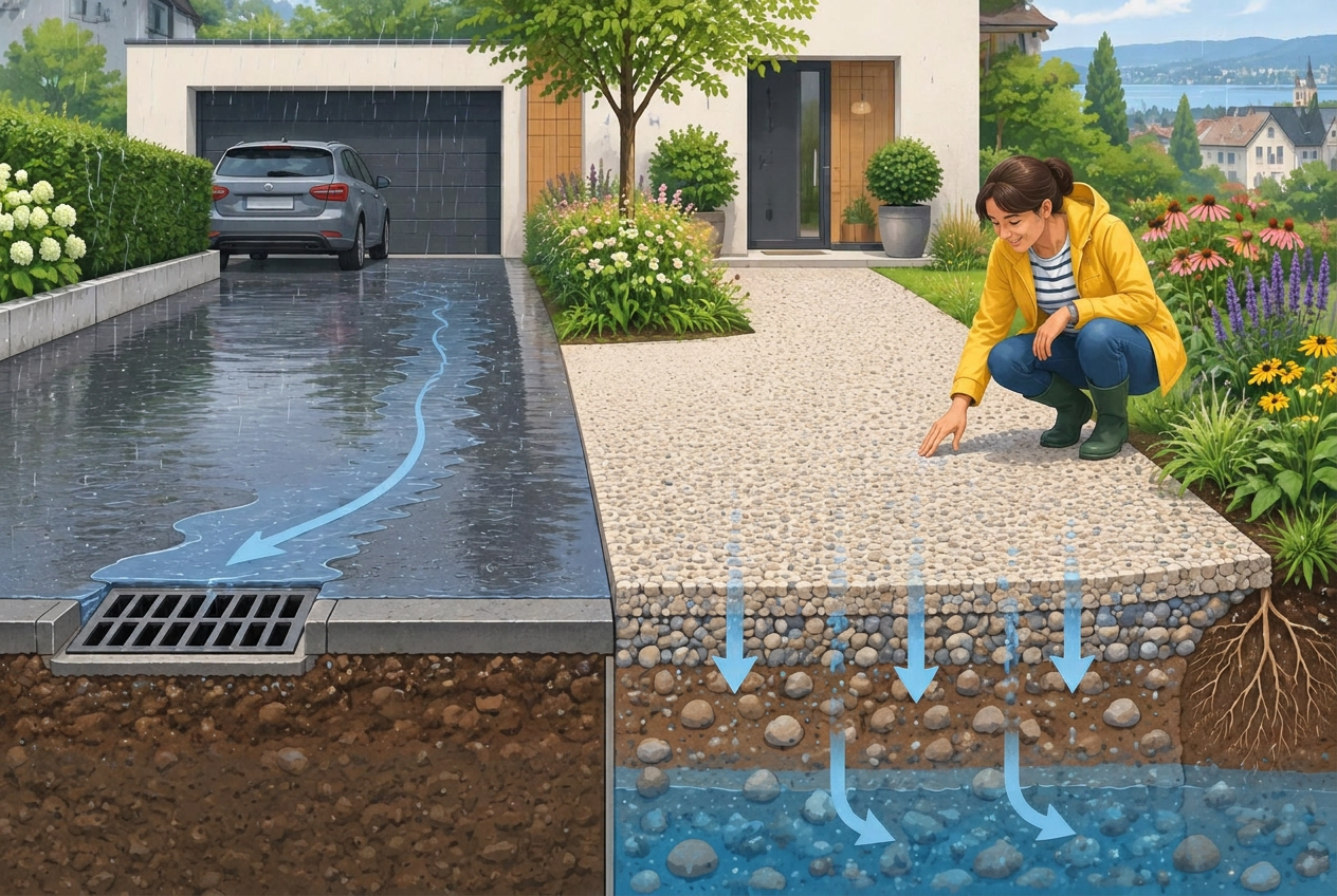 Illustration eines sickerfähigen Natursteinbelags, durch den Regenwasser in den Boden gelangt